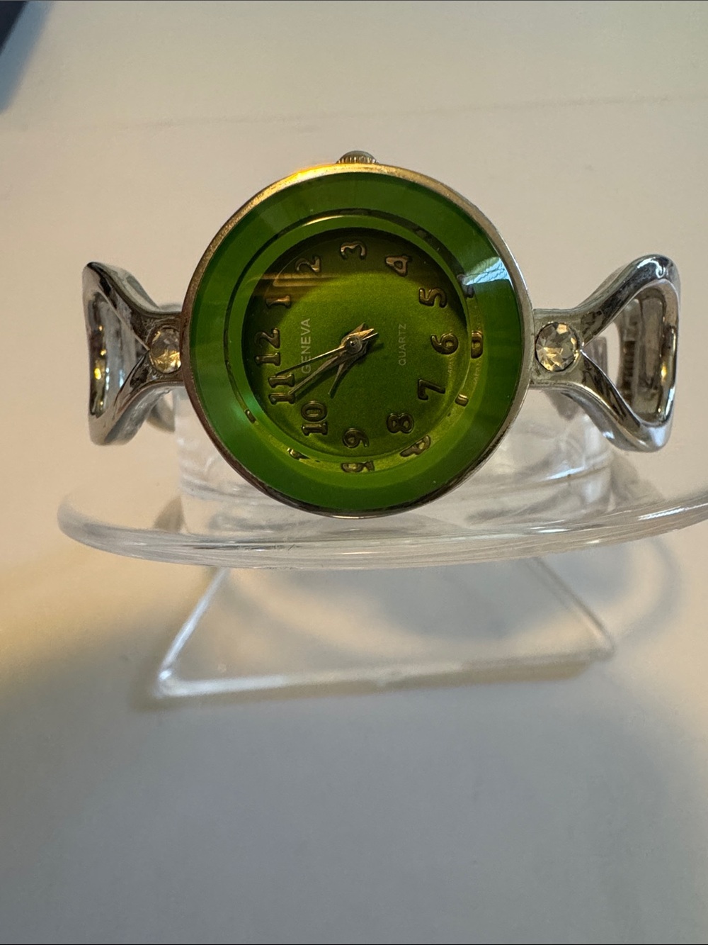 Geneva Silver Bangle Watch with Green Dial and Crystal Accents